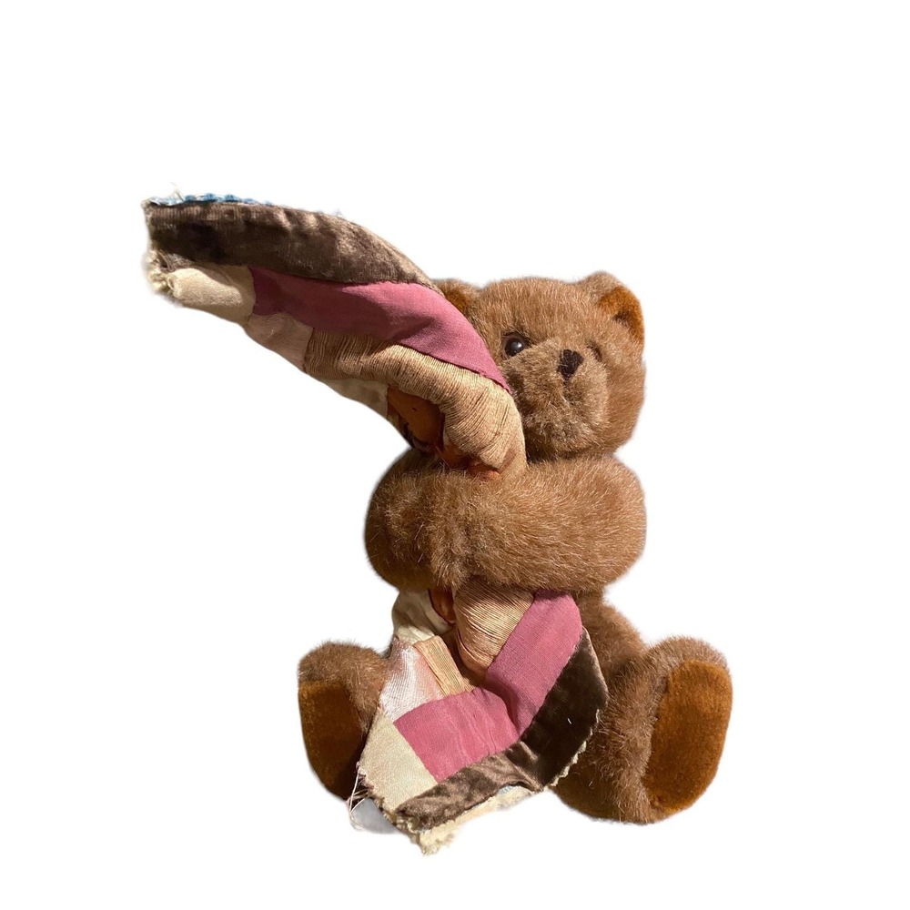 Antique Teddy Bear Plush Small Brown Excellent Log Cabin Quilt Piece